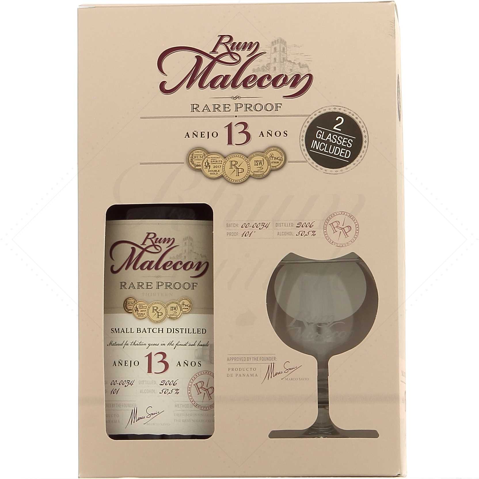 Rum Malecon Añejo 13 Años RARE PROOF 2006 50,5% Vol. 0,7l in Giftbox with 2 glasses