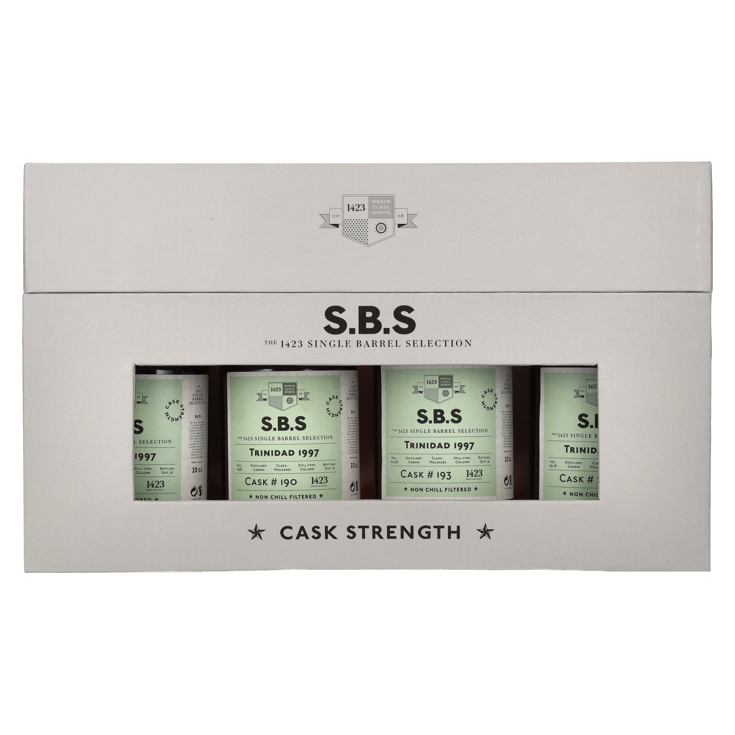 1423 S.B.S TRINIDAD Caroni Distillery Cask Strength 1997 63,2% Vol. 4x0,2l in Giftbox